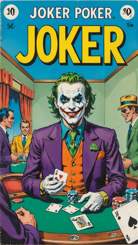 a vintage comic book with the title text: "joker poker" featuring joker playing poker in casino, <lora:wizards_vintage_comics-Undergroundf16:0.6>