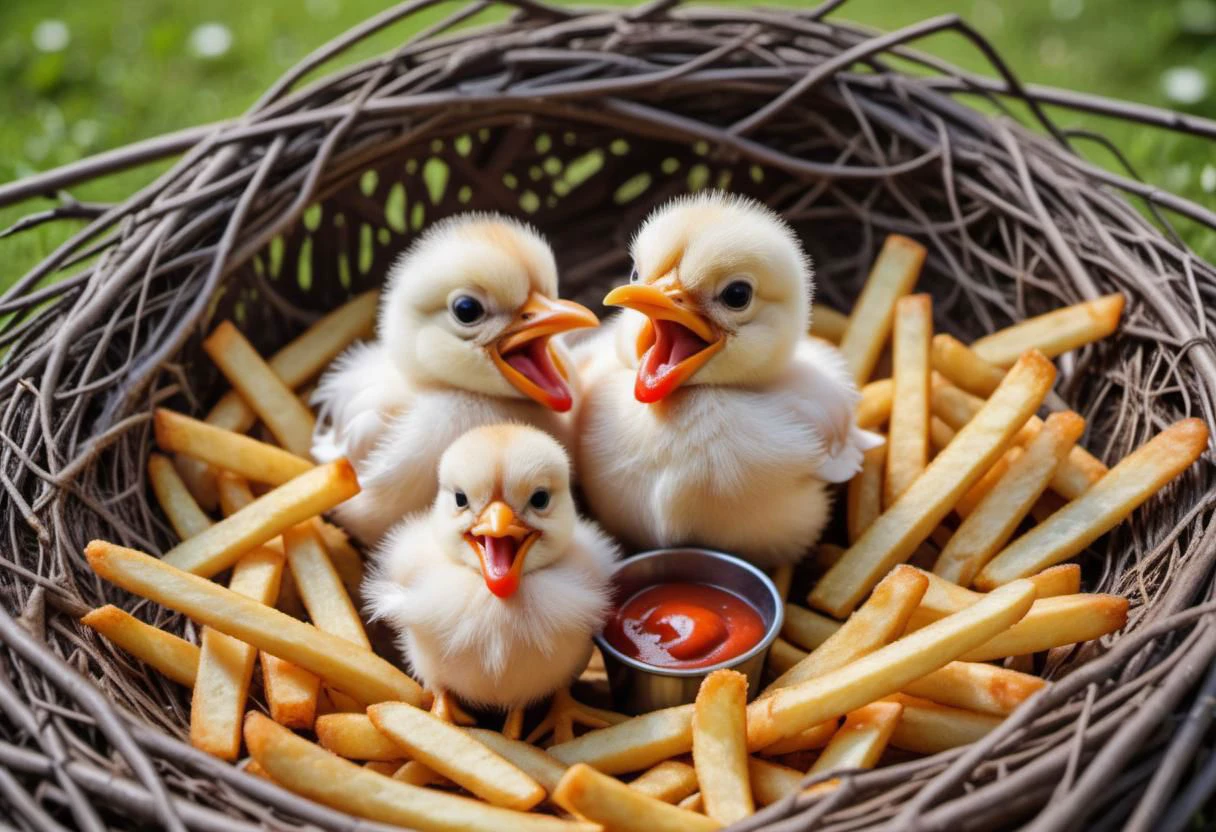 birds feeding chicks ketchup in a nest made of french fries, french fries nest