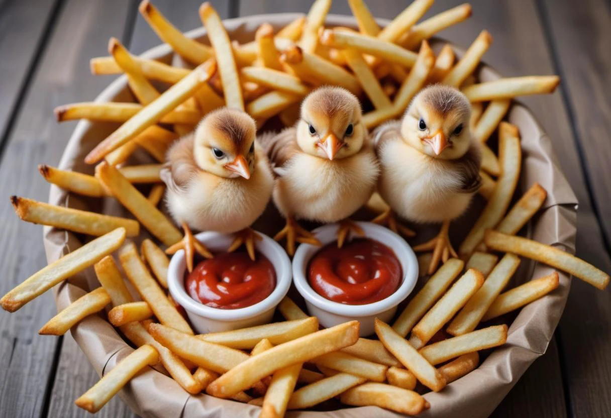 birds feeding chicks ketchup in a nest made of french fries, french fries nest