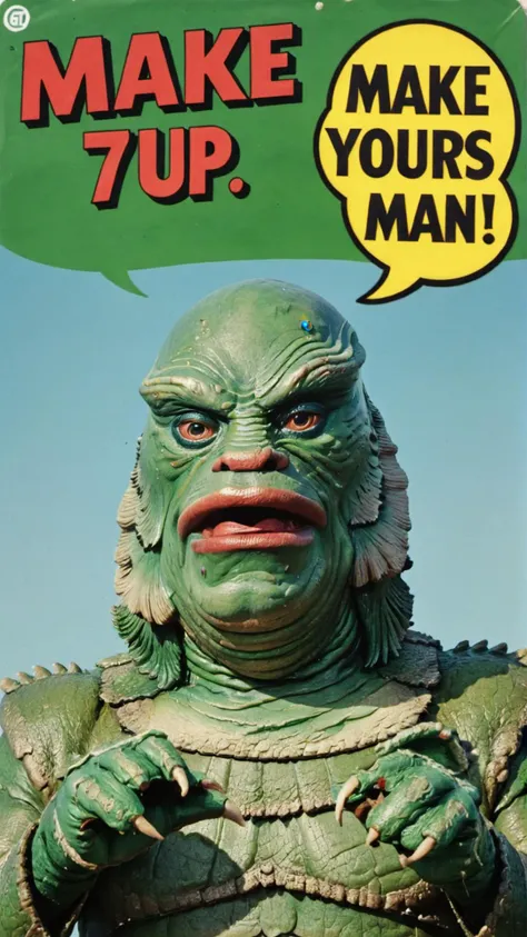 Photo of GRUMPY OLD MAN with TEXT BUBBLE that says "make 7up yours" <lora:Gill-man_Retro_Swamp_Monster_SDXL:0.8> Gill_man