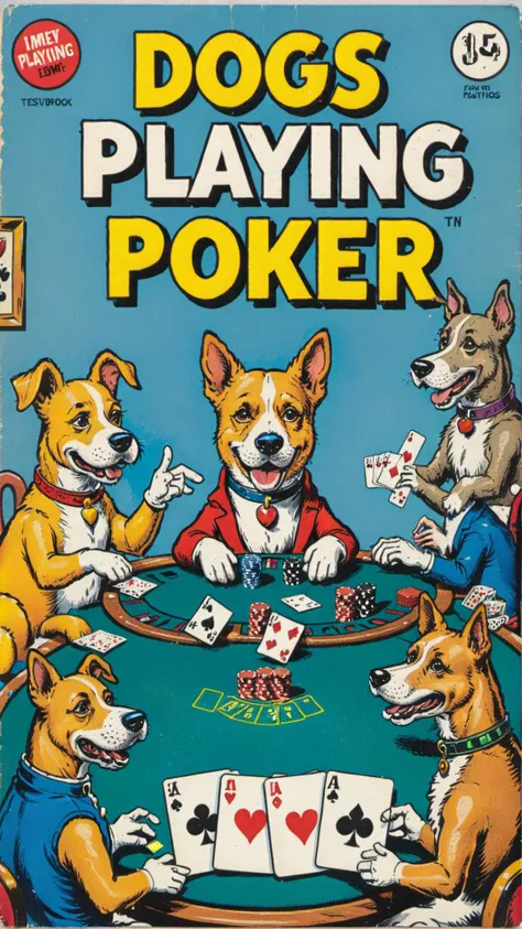 a vintage comic book with the title text: "dogs playing poker" featuring dogs playing poker in casino, <lora:wizards_vintage_comics-Undergroundf16:0.6>