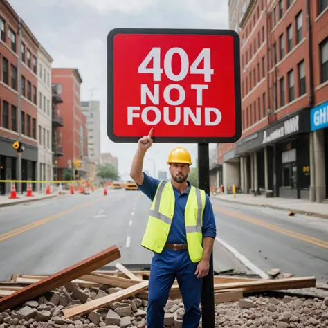 A frowning construction worker is standing on a destroyed city street pointing to a (sign that reads â404 Not Foundâ:1.5).
Wide shot. Volumetric lighting. Dynamic shot.
Extremely detailed, highest quality photo, 16k resolution,, realistic skin, detailed face, pores, wrinkles, sharp focus, realistic texture, focused, masterpiece.
