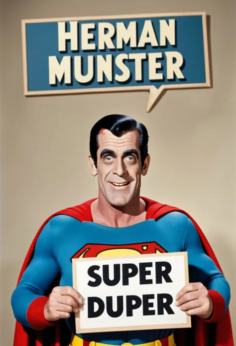 Photo of Herman Munster as superman with sign saying "SUPER DUPER"