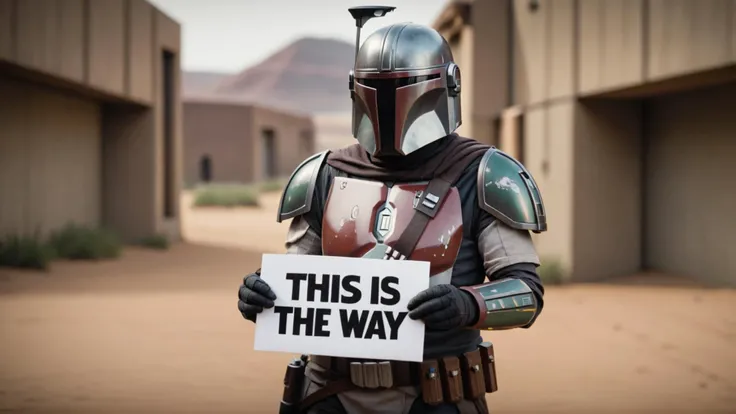 photo of the Mandalorian with a sign that says "This is the way"