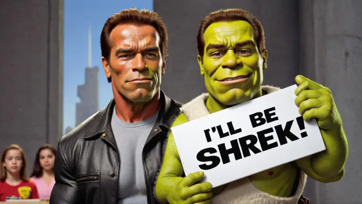 Photo of Terminator Shrek Arnold Schwarzenegger with a sign that says "I'll be Shrek"