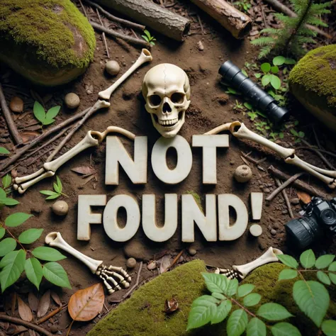 Overhead shot of a skeleton on the forest floor. Hiking gear is littered around. The trees shows the text âNOT FOUNDâ.
Wide shot. Volumetric lighting. Dynamic shot.
Extremely detailed, highest quality photo, 16k resolution,, realistic skin, detailed face, pores, wrinkles, sharp focus, realistic texture, focused, masterpiece.