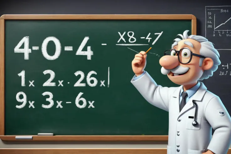 Wide shot. Dynamic shot. Extremely detailed, highest quality photo, 16k resolution, realistic texture, photography first prize, high resolution, high quality, 8k, photo realism, y cartoon-like scientist with a white lab coat in front of a blackboard, scratching his head and showing complicated mathematical formulas written in a very small way, sign that says "404"