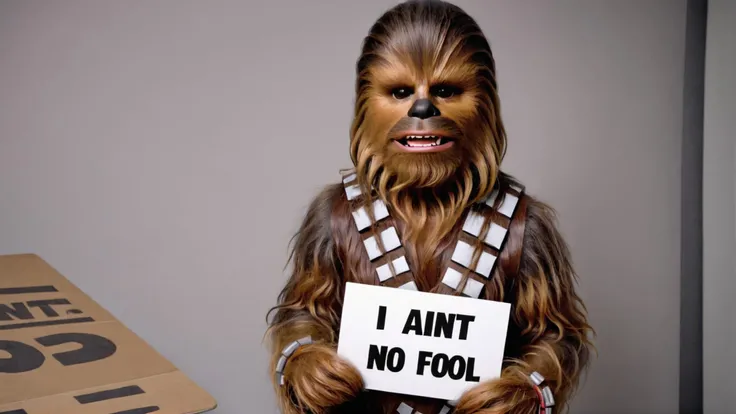 Photo of Chewbacca with a sign that says "I aint no fool".