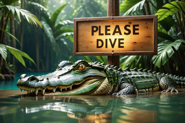 Wide shot. Volumetric lighting. Dynamic shot. Extremely detailed, highest quality photo, 16k resolution, sharp focus, realistic texture, photography first prize, high resolution, high quality, 8k, photo realism, realistic crocodile waiting in a pool, eyes out of the water, tropical forrest, old wooden sign that says "please dive"