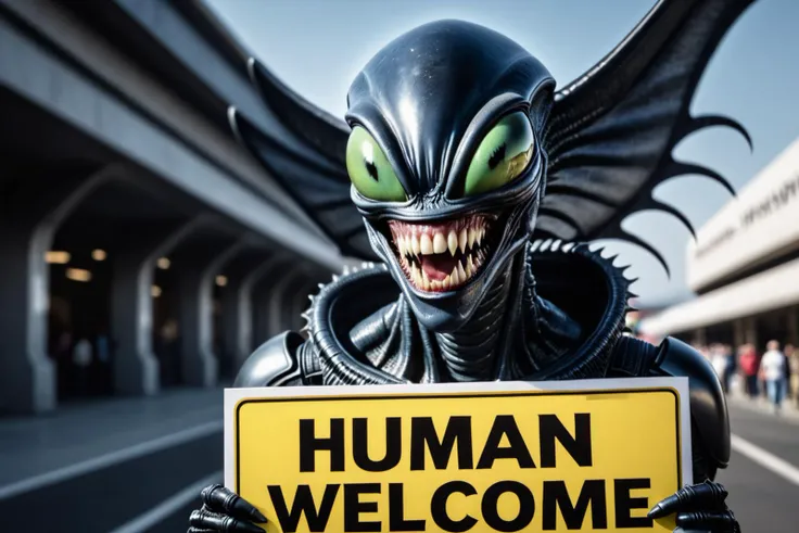 cinematic perspective, ridley scott style , photography first prize, high resolution, high quality, 8k, photo realism, nasty looking anthropomorphic xenomorph alien with long teeth, holding a sign that says "human welcome"