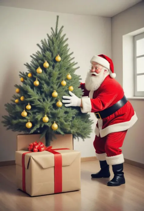 santa claus stealing a christmastree receiving a gift