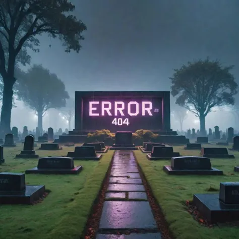 LED Display grave with ("ERROR 404") on it, Cyber Punk graveyard, extreme Foggy, rainy graveyard, Wide shot. Volumetric lighting. Dynamic shot.
Extremely detailed, highest quality photo, 16k resolution,, realistic skin, sharp focus, realistic texture, focused, masterpiece