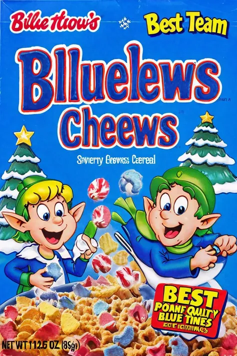 ("BLUE CHEWS", cereal box:1.2), 'epoch elves', 'team blue', blue clothing, elves, pointy ears, blue theme, christmas tree, christmas presents, best quality, stylized