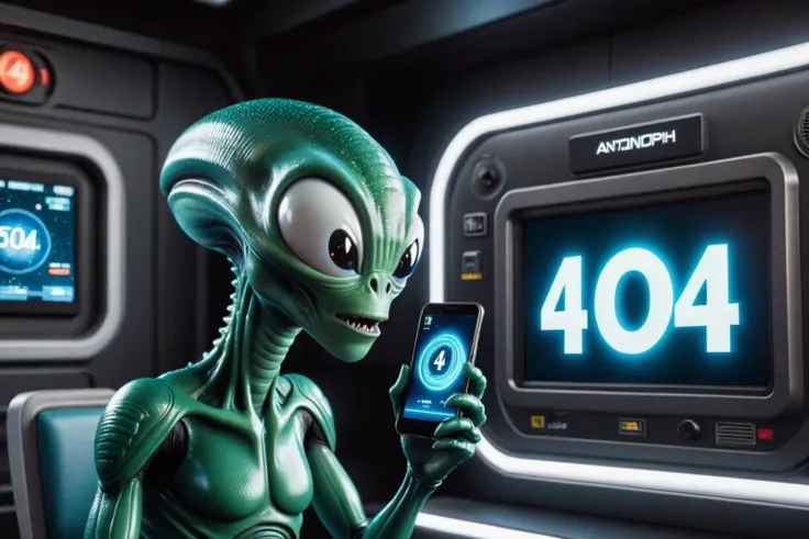 Wide shot. Dynamic shot. Extremely detailed, highest quality photo, 16k resolution, realistic texture, photography first prize, high resolution, high quality, 8k, photo realism, in space, vortex in the background, cartoon-like anthropomorphic xenomorph alien looking at his cell phone, screen sign that says "404"