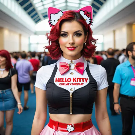 A pretty woman wearing a collar that says "Kitty", wearing (hello kitty) cosplay, arrives at a convention of people holding sings that say "Hello!"