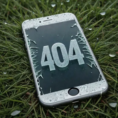 broken glass shattered iphone laying in the grass with the text "404" on the display, morning dew, extreme Foggy, Wide shot. Volumetric lighting. Dynamic shot, bloody drops and finger prints around the phone,
Extremely detailed, highest quality photo, 16k resolution,, realistic skin, sharp focus, realistic texture, focused, masterpiece, top down view