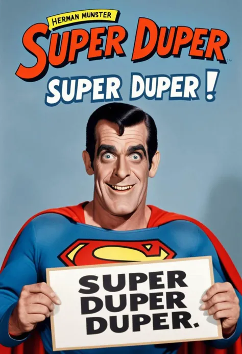 Photo of Herman Munster as superman with sign saying "SUPER DUPER"