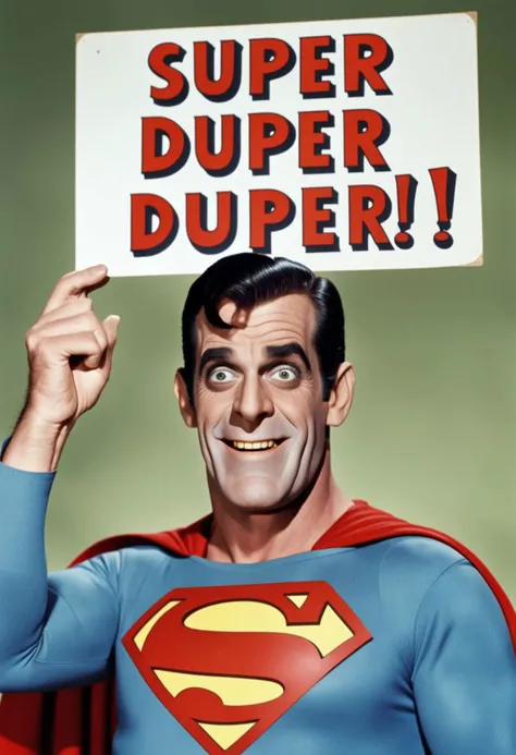 Photo of Herman Munster as superman with sign saying "SUPER DUPER"
