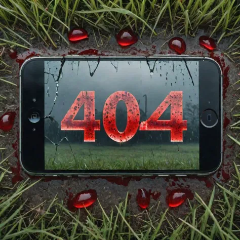broken glass shattered iphone laying in the grass with the glitched text "404" on the display, blood drops, extreme Foggy, rainy graveyard, Wide shot. Volumetric lighting. Dynamic shot.
Extremely detailed, highest quality photo, 16k resolution,, realistic skin, sharp focus, realistic texture, focused, masterpiece, top down view
