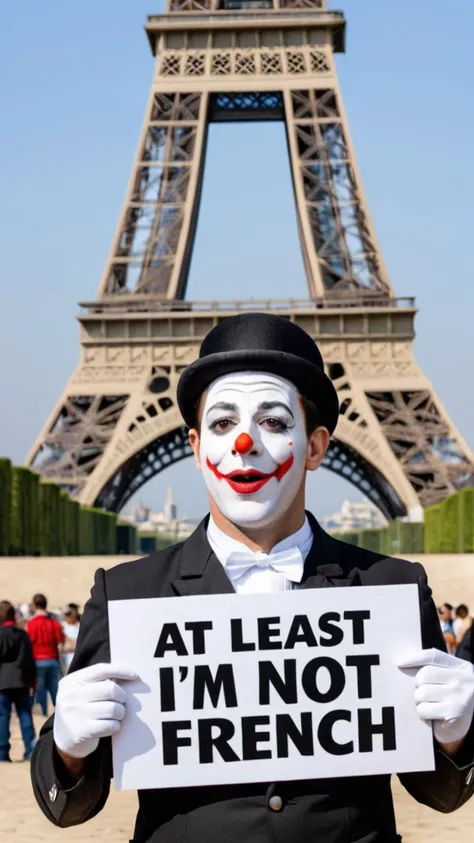 a French mime holding a sign that says "At Least I'm Not French", Eiffel Tower in background