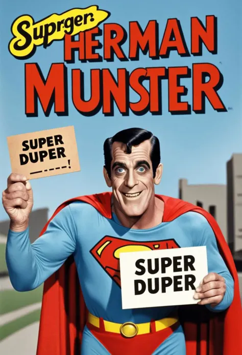 Photo of Herman Munster as superman with sign saying "SUPER DUPER"