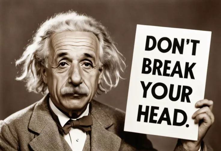 Photo of Albert Einstein with sign that says "Don't Break Your Head"