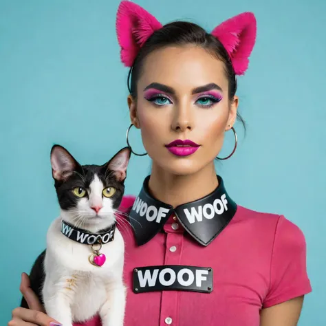 A pretty petgirl wearing a collar that says "woof"