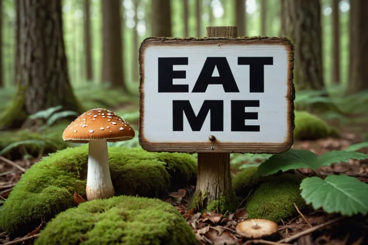 Wide shot. Volumetric lighting. Dynamic shot. Extremely detailed, highest quality photo, 16k resolution, sharp focus, realistic texture, photography first prize, high resolution, high quality, 8k, photo realism, Overhead shot of mushroom in the woods, little wooden sign that says "eat me"