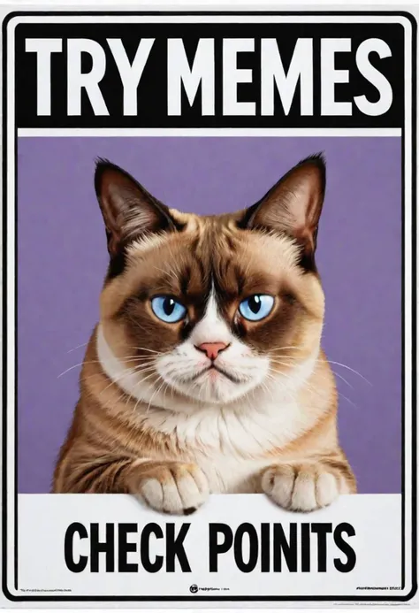 grumpy cat with signs saying "try memes xl check points" ,poster