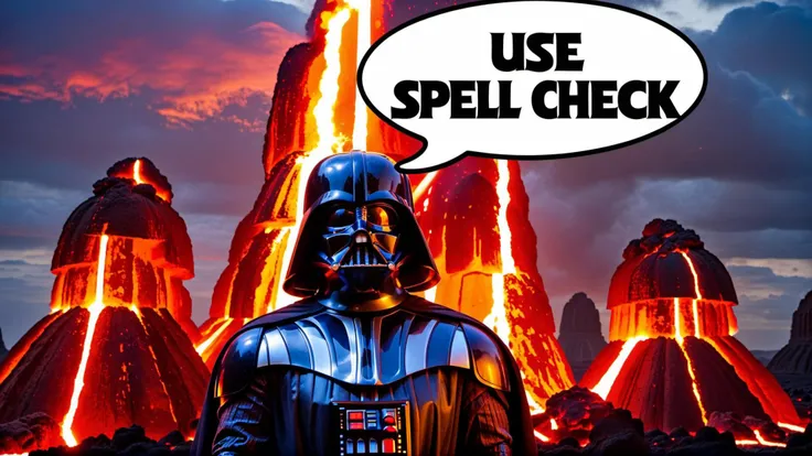 Photo of Darth Vader in lava with text bubble that says "USE SPELL CHECK"