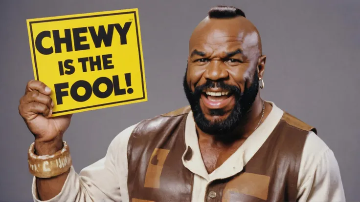 Photo of Mr. T with a sign that says "Chewy is the fool".
