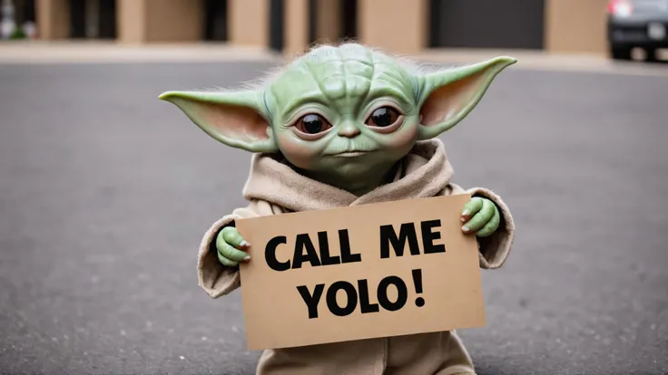 Photo of baby yoda with a sign that says "Call me YOLO".