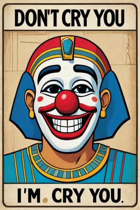 a wise ancient egyptian clown laughin with a text reading ''"DON'T CRY, i'm smarter than you"))