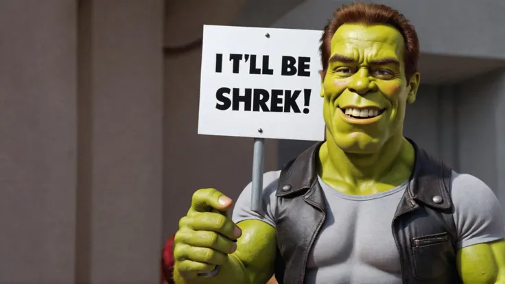 Photo of Terminator Shrek Arnold Schwarzenegger with a sign that says "I'll be Shrek"