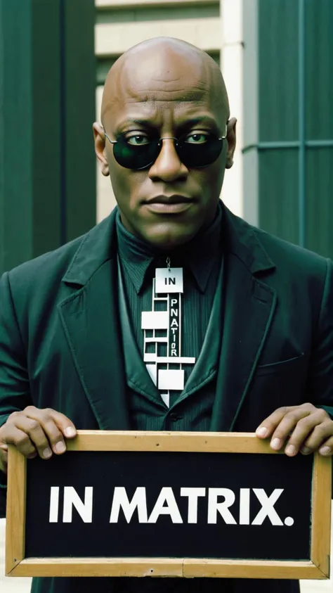 Photo of MORPHEUS IN MATRIX with a sign that says "IN MATRIX"  <lora:Matrix_Code:0.5>