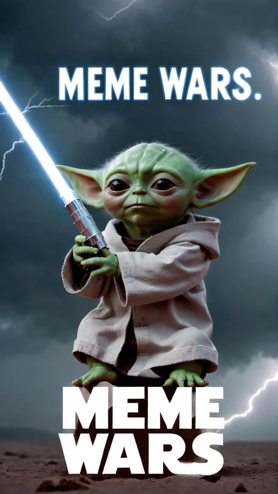 Photo of yoda holding his lightsaber to the sky getting struck by lightning with text that says "Meme Wars" <lora:xrayeffect:1> xrayeffect
