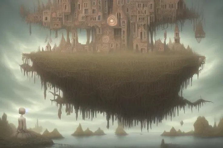 Flying Castle on a floating island, Fantasy Landscape, environment concept art, digital art, Romanesque architecture, Picturesque, mystical, lovely, beautiful, Byzantine Architecture, Hyperdetailed, Surreal lowbrow_lora in the style of <lora:lowbrow_lora:1>