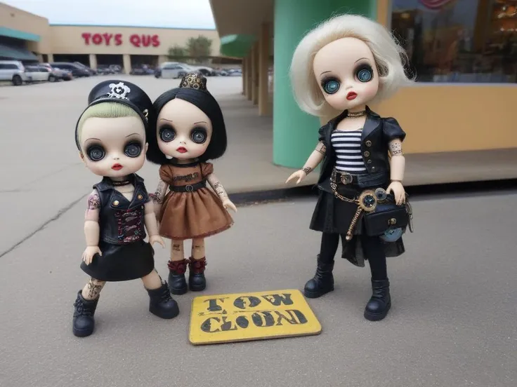 <lora:LowBrowXL:0.85>, creepy punk and steampunk 6lowbrow dolls, abandoned mall parking lot, lowbrow dolls on strewn pavement, in the style of lowbrow, HD-photo, realistic quality details, text = "TOYS R US", closed sign in window