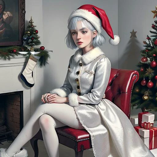 masterpiece, best quality, very-detailed, Rococo period style,
1woman,  chibi, modern pageboy haircut with bangs, blue eyes, white hair,  red Santa costume, white stockings,
Christmas décor, 1christmas tree, sitting in wingback leather chair, decorative items are placed on the shelves in the background,
beautiful detailed face, beautiful detailed eyes ,  lowbrow_lora in the style of <lora:lowbrow_lora:0.75>