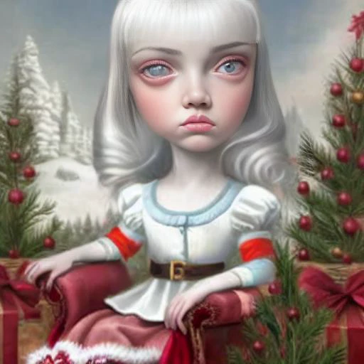 masterpiece, best quality, very-detailed, Rococo period style,
1woman,  chibi, modern pageboy haircut with bangs, blue eyes, white hair,  red Santa costume, white stockings,
Christmas décor, 1christmas tree, sitting in wingback leather chair, decorative items are placed on the shelves in the background,
beautiful detailed face, beautiful detailed eyes ,  lowbrow_lora in the style of <lora:lowbrow_lora:0.75>