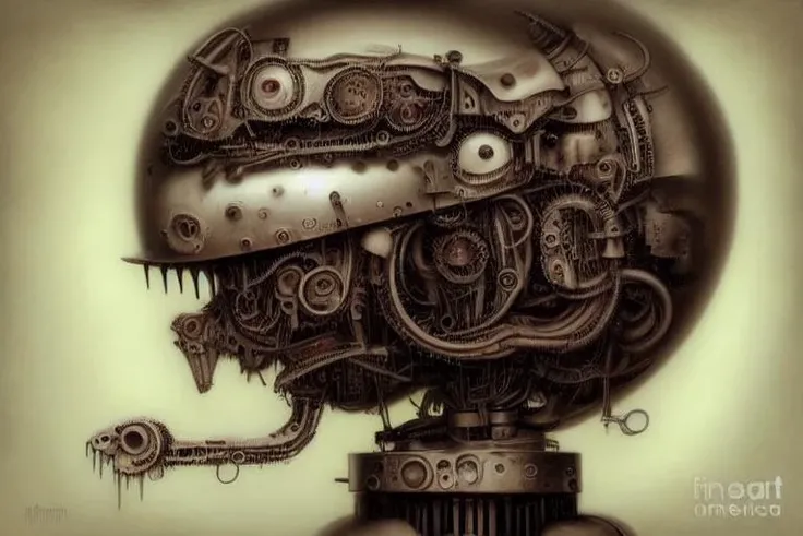 round head mechanical robot bright colored pastel Goth progressive metal album cover art hr giger, salvador dali, lowbrow_lora in the style of <lora:lowbrow_lora:1>