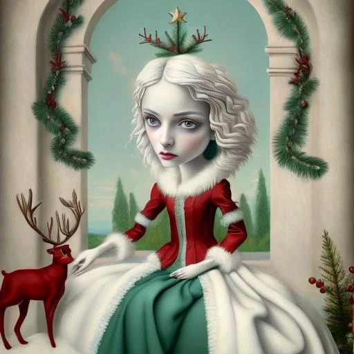 masterpiece, best quality, very-detailed, Pre-Raphaelite Art style,
1woman, chibi, modern pageboy haircut with bangs, blue eyes, white hair, red Santa costume, white stockings,
Christmas décor, 1christmas tree, sitting in wingback leather chair, decorative items are placed on the shelves in the background,
beautiful detailed face, beautiful detailed eyes , lowbrow_lora in the style of <lora:lowbrow_lora:0.75>