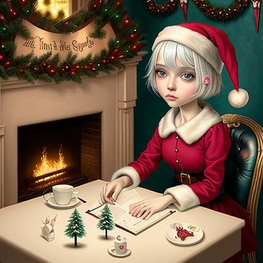 masterpiece, best quality, very-detailed, Rococo period,
1woman, chibi, modern pageboy haircut with bangs, blue eyes, white hair, red Santa costume, white stockings,
Christmas décor, 1christmas tree, sitting in wingback leather chair, decorative items are placed on the shelves in the background,
beautiful detailed face, beautiful detailed eyes , lowbrow_lora in the style of <lora:lowbrow_lora:0.75>