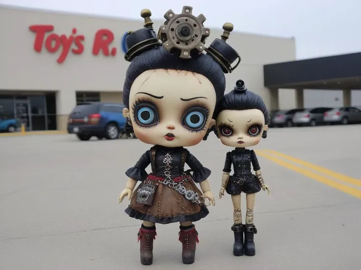 <lora:LowBrowXL:0.85>, <lora:Frac_XL:1> , creepy punk and steampunk 6lowbrow dolls, mall parking lot, lowbrow dolls with frac_xl cracks in face, arms akimbo, in the style of lowbrow, HD-photo, realistic quality details, text = "TOYS R US", closed sign, in the style of frac_xl