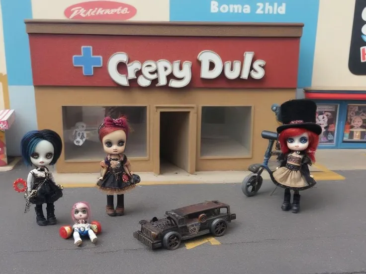 <lora:LowBrowXL:0.85>, creepy punk and steampunk 6lowbrow dolls, abandoned mall parking lot, lowbrow dolls on strewn pavement, in the style of lowbrow, HD-photo, realistic quality details, text = "TOYS R US", closed sign in window