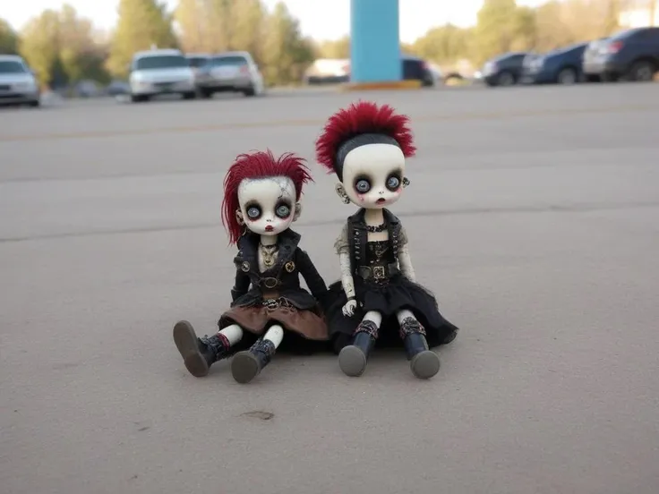 <lora:LowBrowXL:0.85>,  creepy punk style and steampunk style 6lowbrow dolls, abandoned mall parking lot,  lowbrow dolls on the dusty floor, unsettling stillness, in the style of lowbrow, HD-photo, realistic quality details,