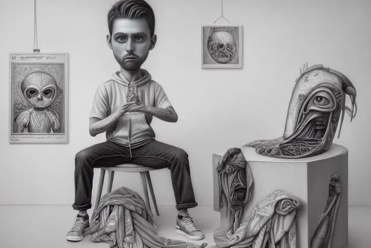 detailed, perfect anatomy, dirty clothes, sitting, in the corner, searching for food, city, rags, torn clothes, glowing blue eyes, holding bowl, 30 year old man in a hoodie, lowbrow_lora in the style of <lora:lowbrow_lora:1>