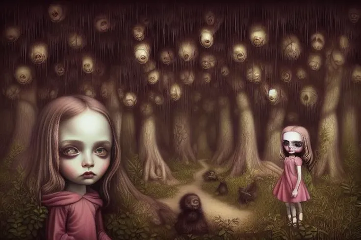 Shadow people watching us inside a dark horror forest, heroic lighting, folklore, intricate, highly detailed, lifelike, photorealistic, digital painting lowbrow_lora in the style of <lora:lowbrow_lora:1>