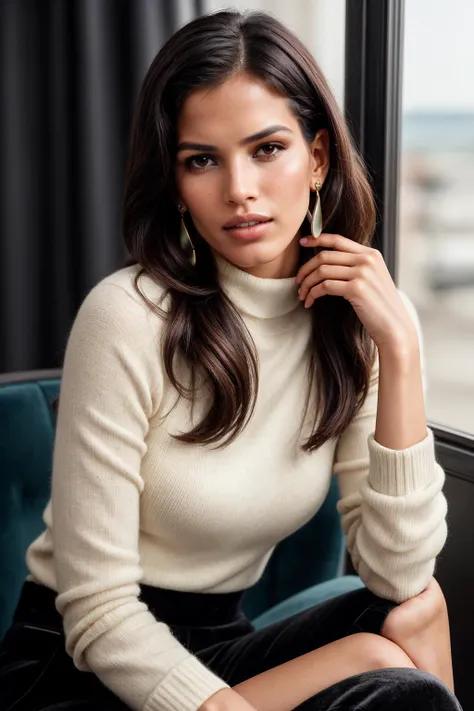 photo of (EPR41c40l1v31r4:0.99), a beautiful woman, closeup portrait, perfect hair, (modern photo, Linen Mockneck, Velvet Trousers), 24mm, (analog, cinematic, film grain:1.3), (image, gradient:1.2), detailed eyes, (seductive pose), (epicPhoto), (looking at viewer), earrings