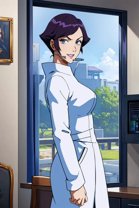 masterpiece, best quality, mmmom, purple hair, white coat, headset, white boots, cowboy shot, from side, standing, secret laboratory, looking at viewer, furrowed brow, smile <lora:mom-nvwls-v1-000010:0.9>
